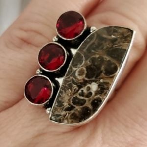 New Turritella Agate Fossil and Garnet 925 Silver Ring.
